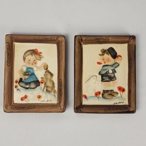 Hummel Ceramic Frame Plaque Children Antique Japan Girl Puppy Boy Bunny Lot of 2